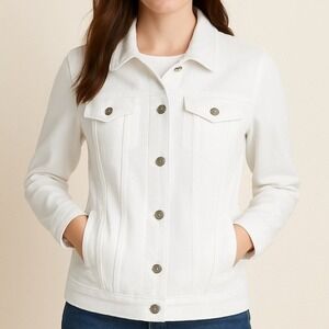 Lands' End Women's White Denim Jean Jacket Size M Casual Formal Side‎ Pockets